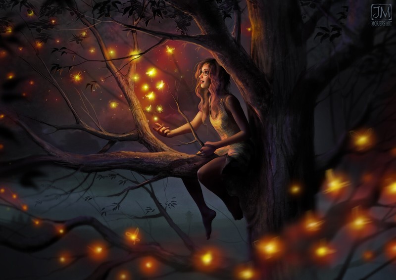 artwork, fantasy art, fantasy girl, women, trees, glasses, women with glasses, magic, Jeremiah Morelli