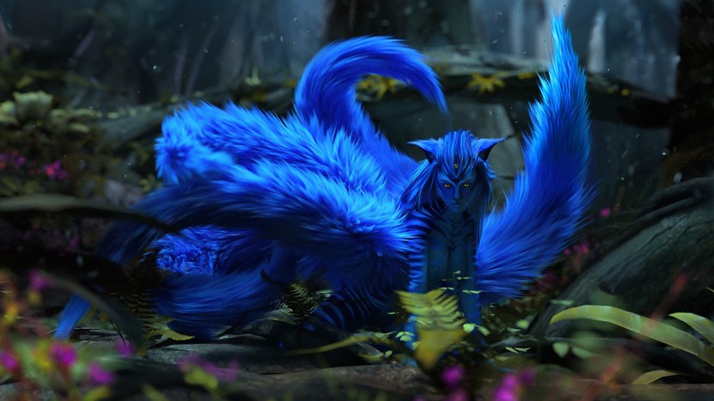creature, colorful, blue, artwork, fantasy art, cat girl, animals