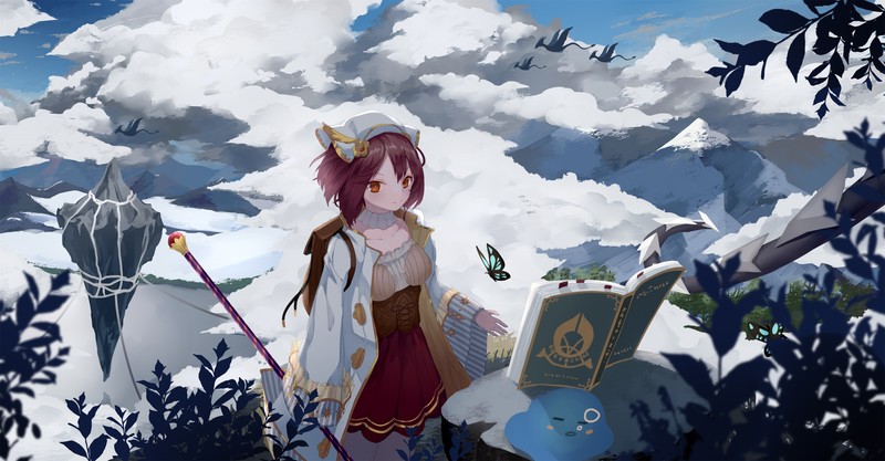 anime, anime girls, sky, clouds, original characters, short hair, snowy mountain, butterfly