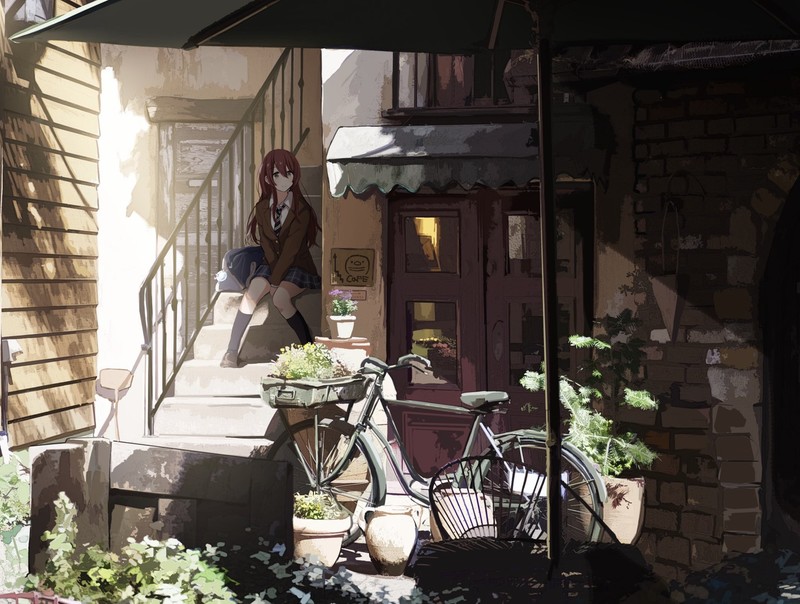 The Idolmaster: Shiny Colors, sunlight, stairs, sitting, school uniform, bicycle