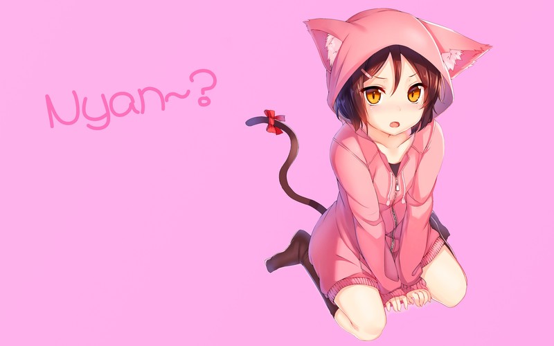 peroperoairu, animal ears, anime girls, anime, pink background, yellow eyes, kneeling, simple background