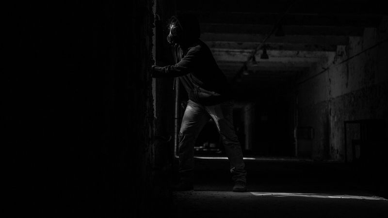 respirator, man, dark, mask, room, gloomy, 4k