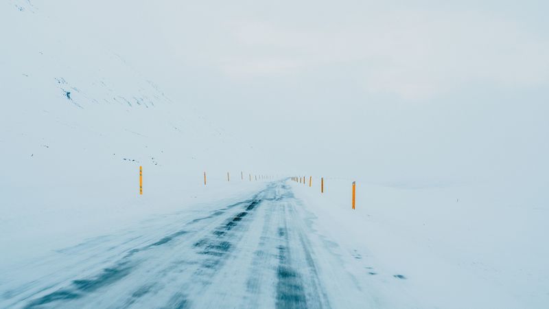 winter, road, snow, minimalism, white, 4k