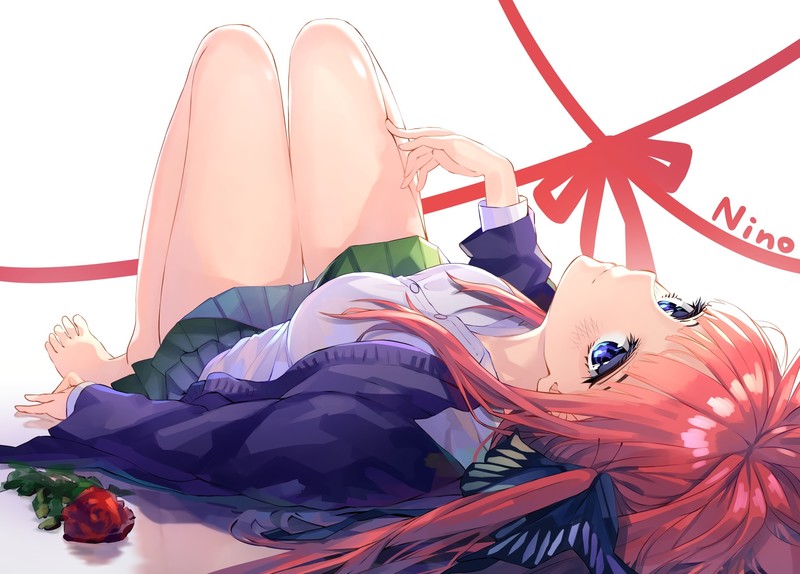 Nakano Nino, barefoot, blue eyes, long hair, redhead, thigh-highs, skirt, flowers, school uniform, rose, 5-toubun no Hanayome