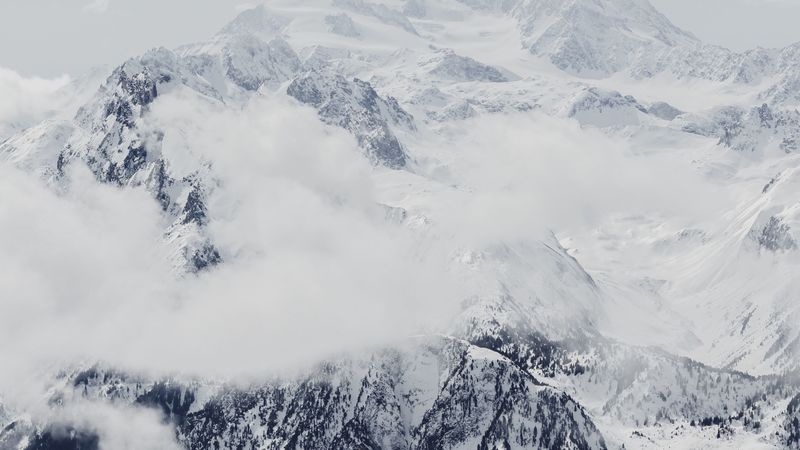 mountain, snow, peak, fog, clouds, white, 4k