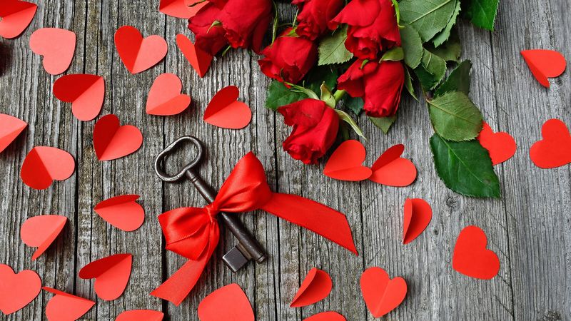 key, ribbon, hearts, roses, 4k