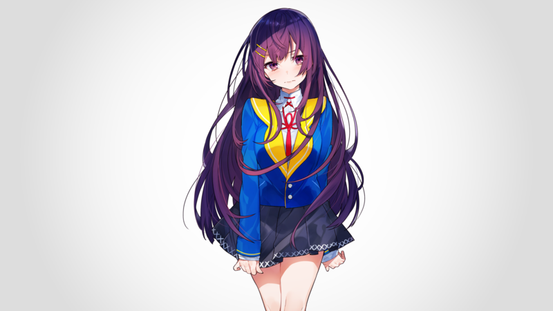 anime girls, original characters, anime, purple hair, blushing, purple eyes, schoolgirl, school uniform, Blazer, miniskirt, white background, simple background, vignette, artwork, drawing, 2D, digital art, mika pikazo