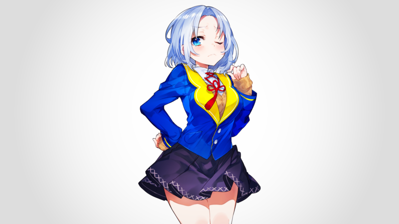 anime girls, original characters, anime, white hair, blue eyes, looking at viewer, blushing, schoolgirl, school uniform, Blazer, miniskirt, white background, simple background, vignette, artwork, drawing, 2D, digital art, mika pikazo, wink, touching hair