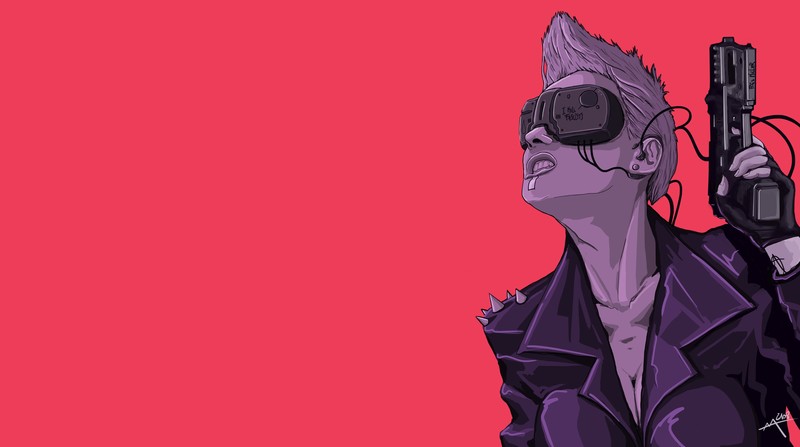 simple background, cyberpunk, women, gun, artwork, futuristic