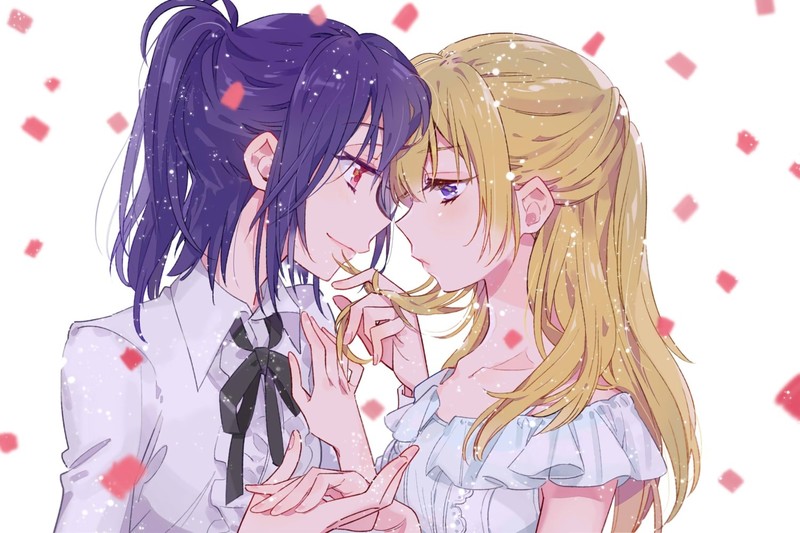 BanG Dream!, blue hair, blonde, long hair, short hair, purple eyes, red eyes