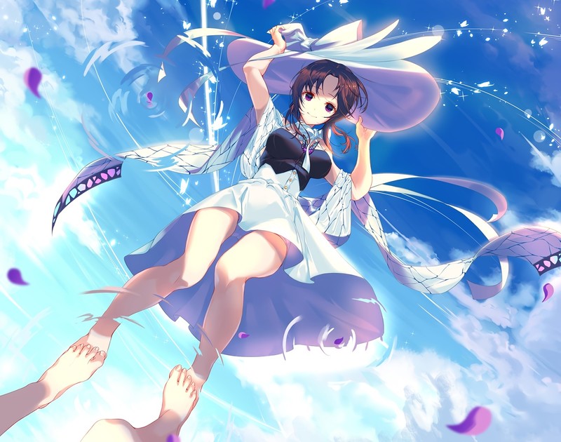 Kimetsu no Yaiba, Kochou Shinobu, dress, hay, petals, short hair, panties, barefoot, skirt, upskirt, purple eyes, clouds, butterfly, water, underwear
