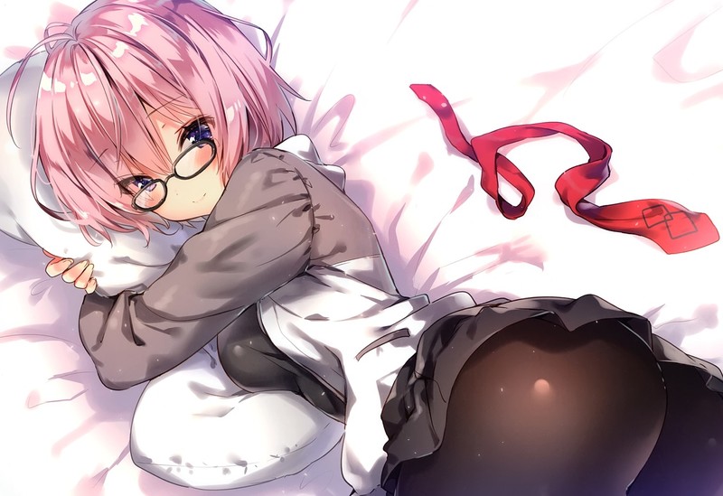Fate/Grand Order, Mash Kyrielight, short hair, ass, bed, purple hair, purple eyes, glasses, blush, panty hose, skirt, Shielder (Fate/Grand Order)