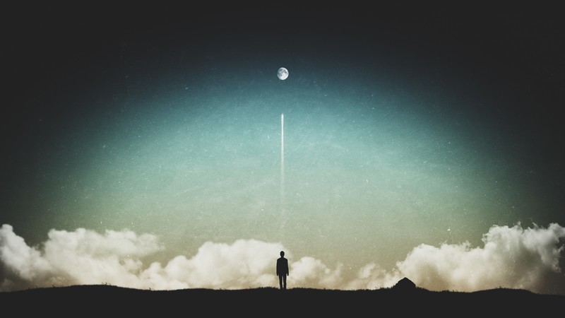 digital, digital art, artwork, illustration, landscape, fantasy art, planet, clouds, dark, silhouette, nature, outdoors, men outdoors, alone, loneliness, Moon, horizon, environment, concept art, sky, skyscape, space
