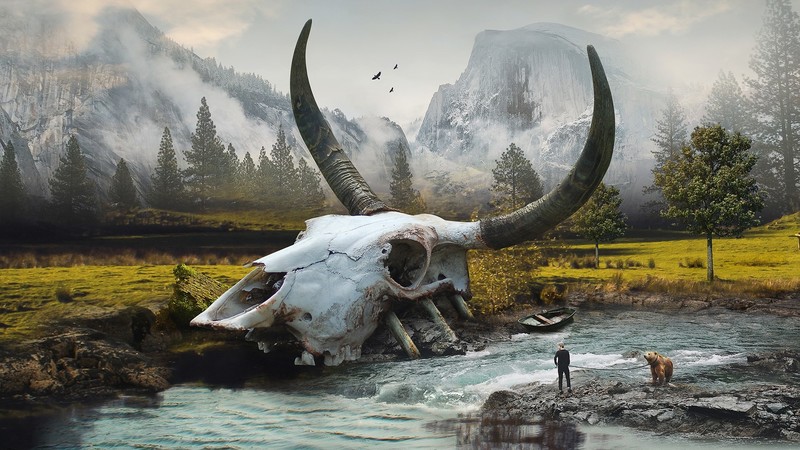 artwork, fantasy art, skull, animals, river, nature, mountains, trees, horns, bears, boat, fossils