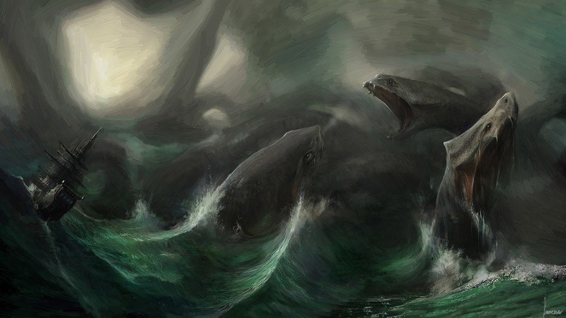 sea, creature, artwork, ship, sea monsters