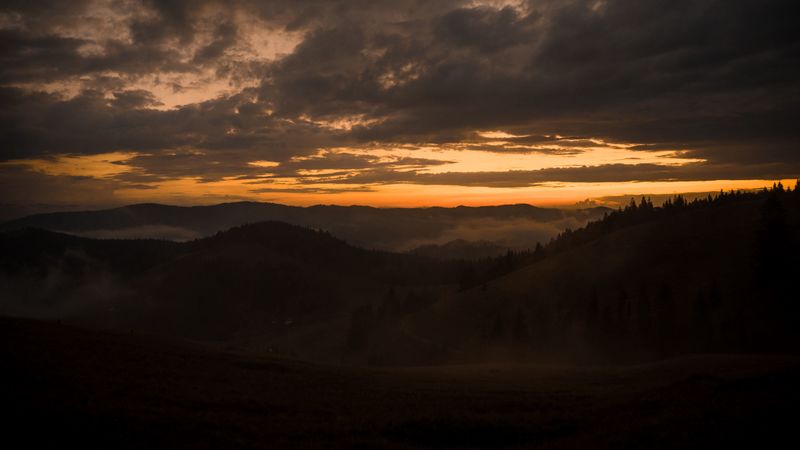 mountains, fog, dusk, sunset, clouds, aerial view, 4k