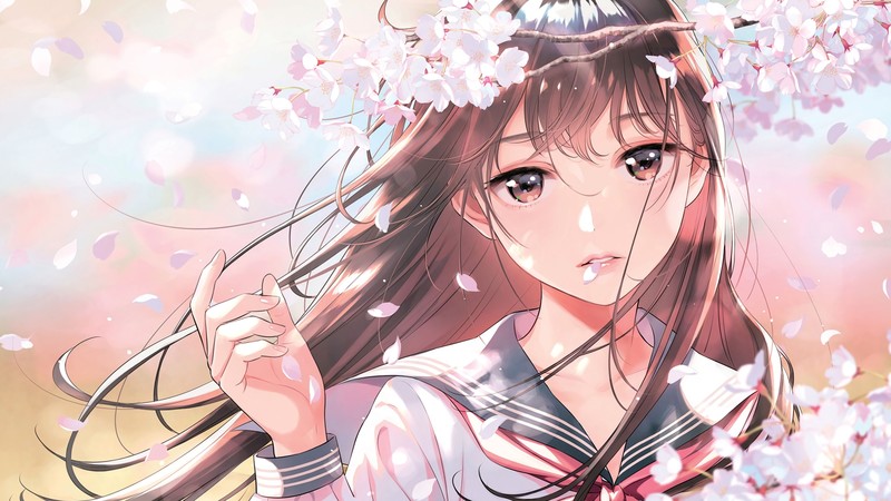 digital, digital art, artwork, anime, anime girls, women, fantasy girl, drawing, digital painting, long hair, school, schoolgirl, school uniform, nature, wood, trees, cherry blossom, students, portrait, illustration, fictional, fictional character, original characters, environment, concept art, character design, Morikura En