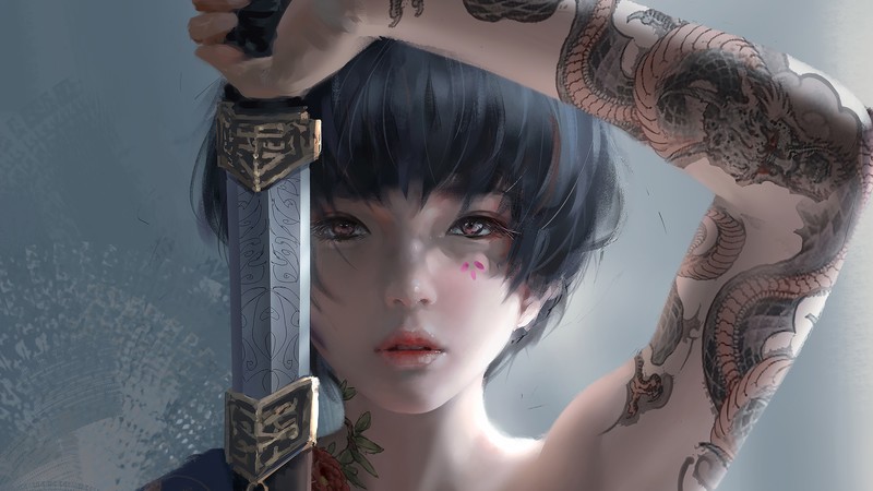 digital, digital art, artwork, drawing, digital painting, women, fantasy girl, fictional, fictional character, original characters, character design, portrait, tattoo, sword, katana, black hair, short hair, brown eyes, Asian, warrior, warrior girls, environment, concept art, Chinese, Chinese character, illustration