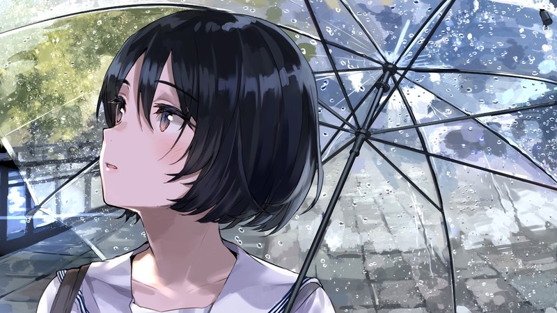 digital, digital art, artwork, illustration, drawing, digital painting, anime, anime girls, women, fantasy girl, portrait, fictional, fictional character, character design, original characters, black hair, short hair, school, schoolgirl, uniform, school uniform, students, umbrella, rain