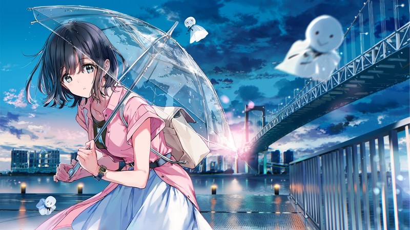 digital art, artwork, illustration, anime, anime girls, women, fantasy girl, drawing, digital painting, fictional, fictional character, umbrella, concept art, environment, rain, Sun, sun rays, dress, sunrise, black hair, short hair, blue eyes, pink dress, city, cityscape, urban, modern, architecture, building, bridge, water, sea, portrait