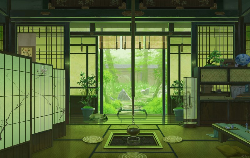 artwork, digital art, interior, architecture, Asian architecture, house