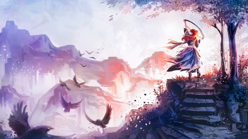 artwork, fantasy art, fantasy girl, women, redhead, dress, stairs, birds, nature