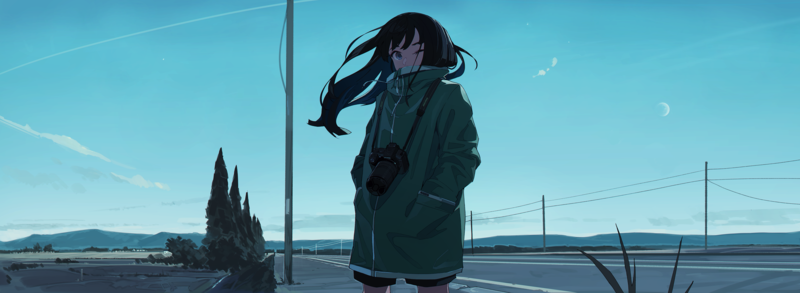 Moon, cold, camera, wind, black hair, blue eyes, road