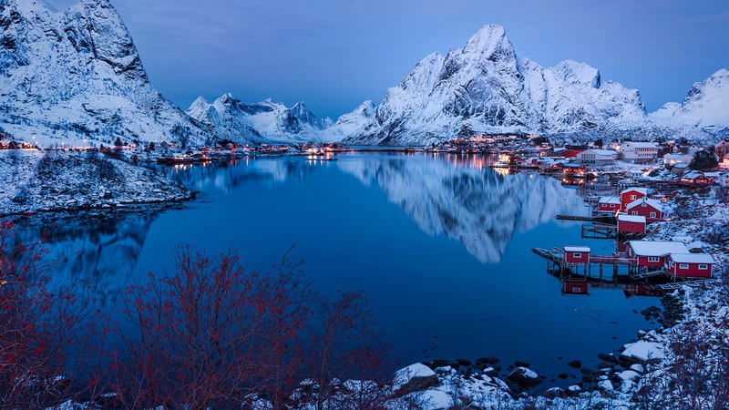 mountains, snow, house, Lofoten, Norway, fjord