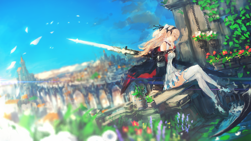 anime, blonde, scythe, white pantyhose
