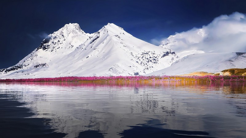 mountains, snow, water, landscape, snowy mountain