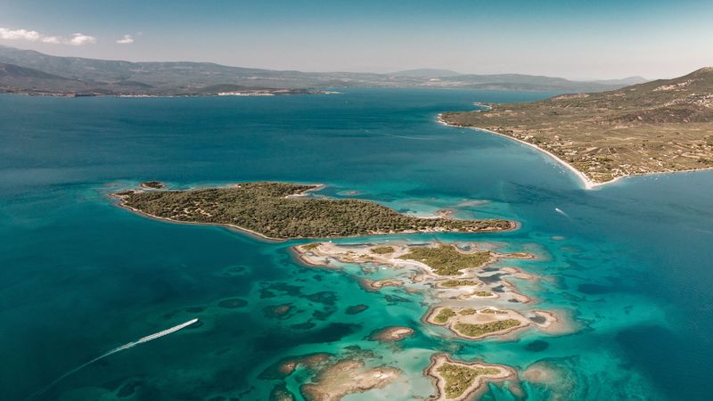 island, sea, aerial view, agios konstantinos, greece, 4k