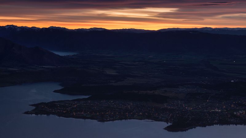 mountains, aerial view, sunset, city, new zealand, 4k