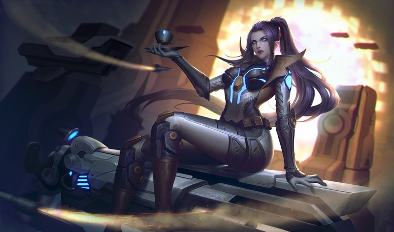PC gaming, League of Legends, fantasy girl, fantasy art, Caitlyn (League of Legends), long hair, cup, blue eyes