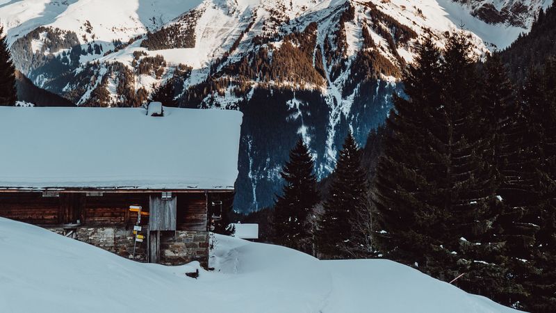 mountains, snow, house, resort, morzine, france, 4k