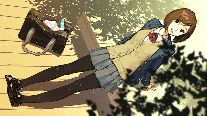 Miru Tights, anime girls, anime, schoolgirl, school uniform, brunette, smiling, sweater, pantyhose, sitting, outdoors, bow-tie, miniskirt, artwork, drawing, digital art, 2D, illustration, high angle