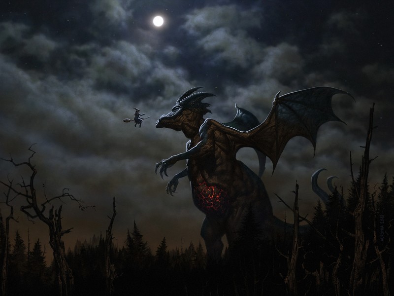 Ausonia 23, medieval, dragon, night, giant, bat wings, horns, forest, trees, clouds, witch, Moon, dark