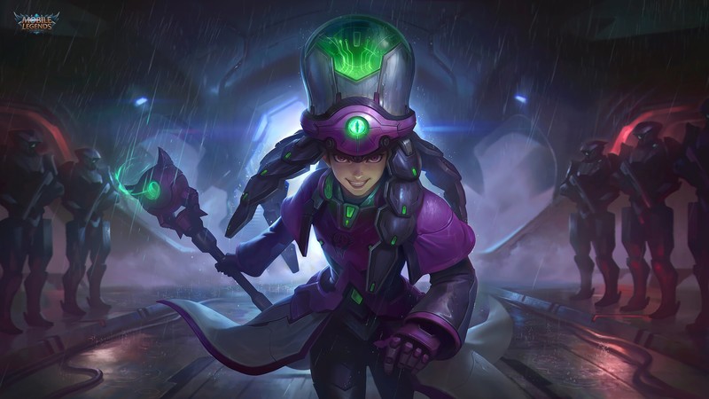 digital, digital art, artwork, drawing, digital painting, fictional, fictional character, character design, Mobile Legend, Harley (Mobile Legends), Mobile Legends, futuristic, dark, lights, robot, robotic, robotics, wizard, video games, video game art, video game characters, game art, rain, concept art, environment, evil, Devil
