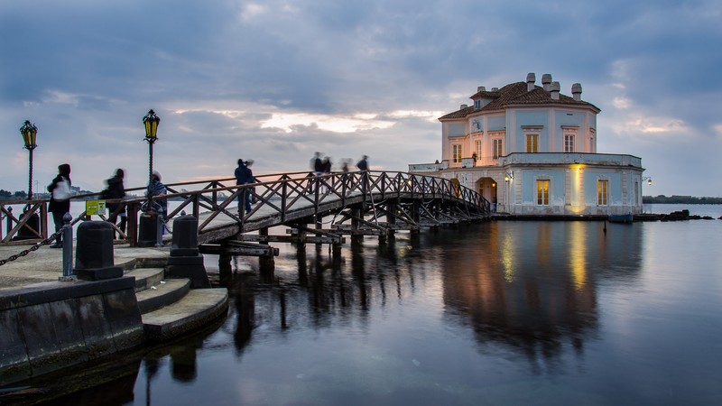 Casina, bridge, lights, lake, Italy, Campania, Naples, lake Fusaro, landscape, sky, people