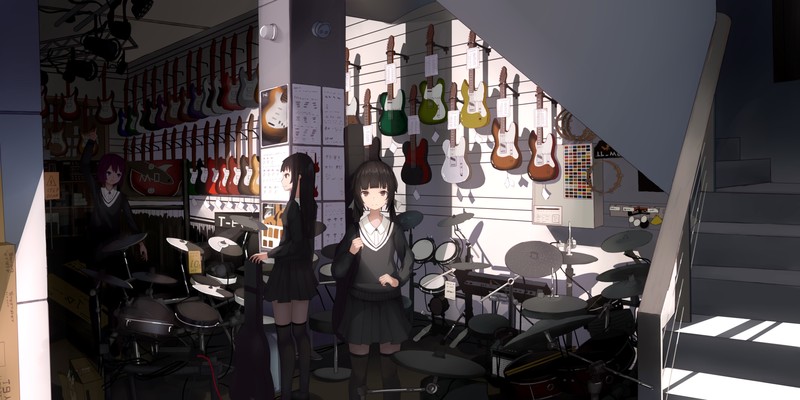 anime, anime girls, dark hair, school uniform, musical instrument, original characters