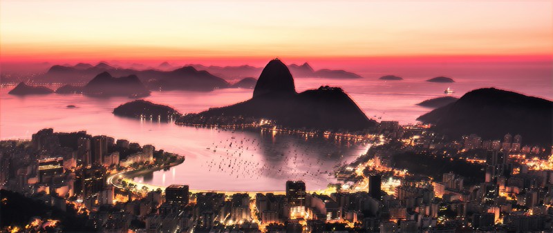 landscape, city, city lights, neon, purple, synthwave, Brazil, Rio de Janeiro