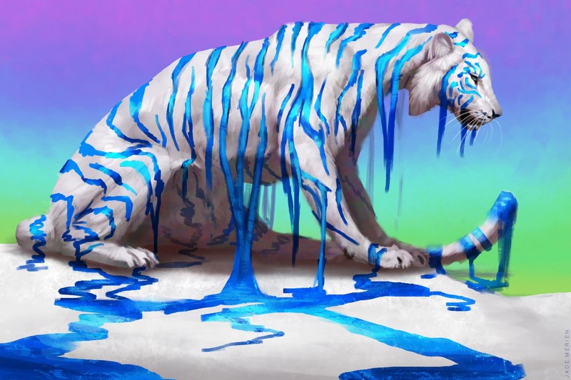 artwork, fantasy art, big cats, animals, Jade Merien, paint splatter, albino