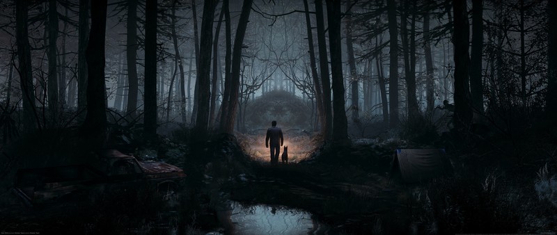 Blair Witch, video games, horror, dog, trees, lake, tent, video game art, digital art, dark, ultrawide, ultra-wide, watermarked