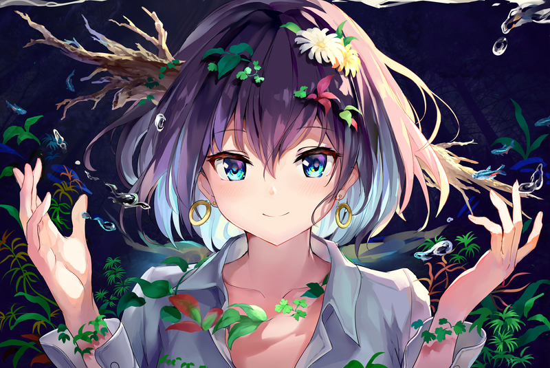 anime girls, anime, original characters, dark hair, blue eyes, looking at viewer, portrait, blushing, smiling, shirt, hoop earrings, plants, flowers, water drops, nature, fish, artwork, drawing, digital art, illustration, 2D, Maeshimashi