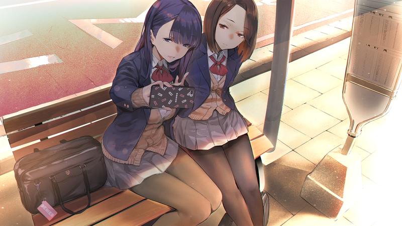 Miru Tights, anime, anime girls, schoolgirl, school uniform, dark hair, brunette, blushing, selfies, cellphone, bow-tie, sweater, jacket, miniskirt, pantyhose, sitting, bench, street, outdoors, artwork, digital art, drawing, 2D, illustration