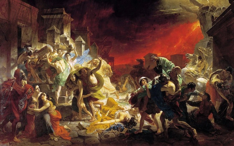Pompeii, painting, vulcan, fire, people, Italy, Campania, classic art, Mount Vesuvius