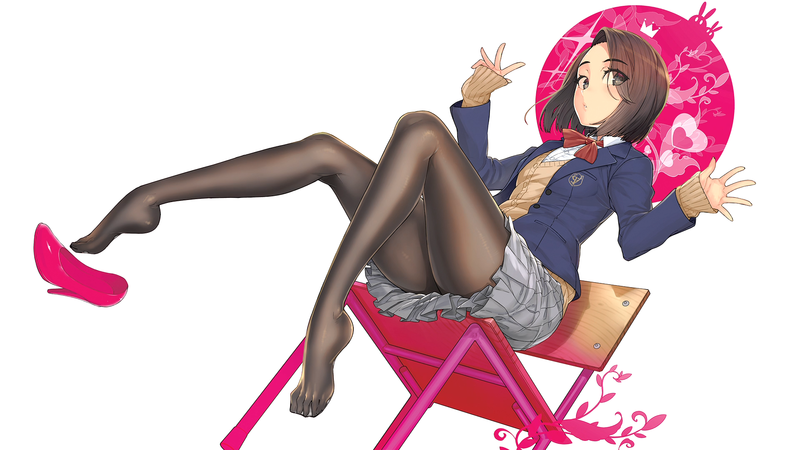 Miru Tights, anime, anime girls, schoolgirl, school uniform, brunette, looking at viewer, bow-tie, sweater, jacket, miniskirt, pantyhose, heels, chair, pink, white background, simple background, artwork, digital art, drawing, 2D, illustration, shoe dangle
