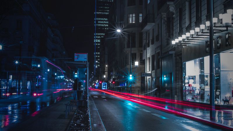 night city, road, buildings, lighting, 4k