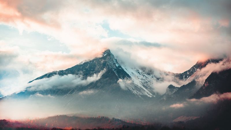 mountain, fog, peak, clouds, aerial view, 4k
