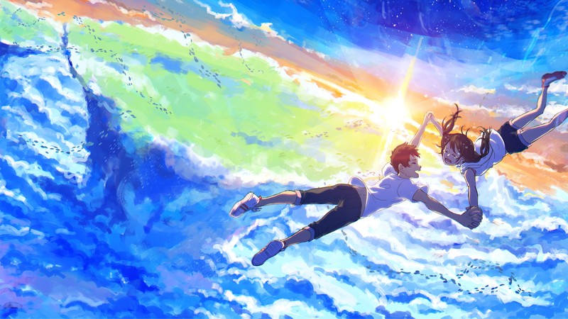 digital, digital art, artwork, anime, anime girls, anime boys, fictional, fictional characters, men, Fantasy Men, women, fantasy girl, fantasy art, drawing, painting, digital painting, landscape, Sun, sun rays, sunset, lights, clouds, sky, skyscape, nature, movie characters, outdoors, Hina Amano, Weathering With You, Hodaka Morishima, Makoto Shinkai, colorful