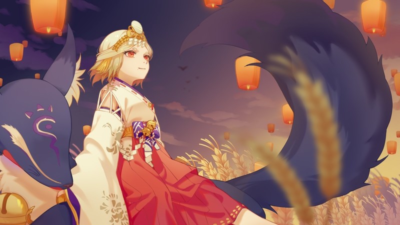 Miketsu (Onmyouji), bell, clouds, fox, white hair, red eyes, sky, kimono, short hair, headdress